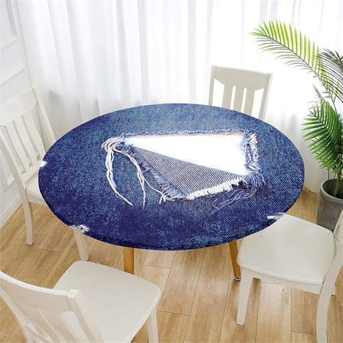 Treer Tischdecke Outdoor Rund, Denim-Stil Lotuseffekt Tischdecke Abwaschbar Elastisch Rund Gartentischdecke, für Garten, Küche, Esstisch, Parteien Tischdecken (Denim,120cm) von Treer