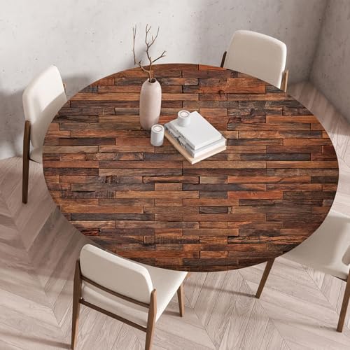 Treer Tischdecke Outdoor Rund, Holzmaserung Drucken Lotuseffekt Tischdecke Abwaschbar Elastisch Rund Gartentischdecke, für Garten Küche Esstisch Parteien Tischdecken (60cm,Braun) von Treer