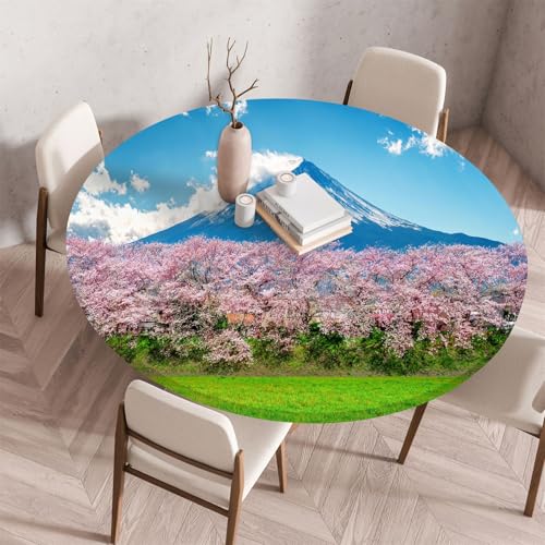 Treer Tischdecke Outdoor Rund, Natürliche Landschaft Lotuseffekt Tischdecke Abwaschbar Elastisch Rund Gartentischdecke, für Garten, Küche, Esstisch, Parteien Tischdecken (Sakura,130CM) von Treer