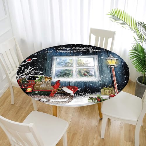 Treer Tischdecke Outdoor Rund, Winter Weihnachten Lotuseffekt Tischdecke Abwaschbar Elastisch Rund Gartentischdecke, für Garten, Küche, Esstisch, Parteien Tischdecken (130cm,Fenster) von Treer