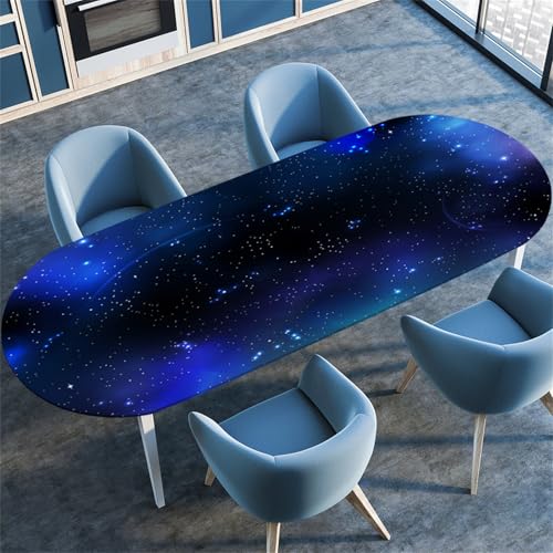 Treer Tischdecke Oval mit Elastischem Rand, Blauer Sternenhimmel Fleckschutz Ovale Tischdecke, Tischdecke Abwaschbar Oval Lotuseffekt für Küche, Esszimmer, Picknick, Party (Blau 6,42"x60") von Treer