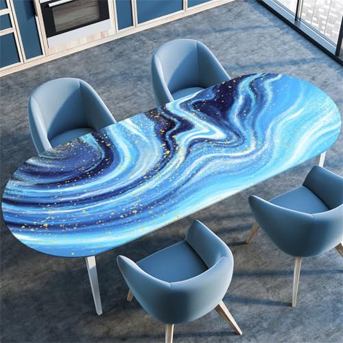 Treer Tischdecke Oval mit Elastischem Rand, Moderner Marmor Fleckschutz Tischdecke,Lotuseffekt Tischdecke,Freien Küche Tischdecken, Picknick Tischdecke Abwaschbar (122x173cm/48 x68,Blau) von Treer