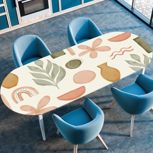 Treer Tischdecke Oval mit Elastischem Rand,Fleckschutz Ovale Tischdecke, Abstrakte Drucke Tischdecke Abwaschbar Oval,Lotuseffekt Tischdecke für Küche, Esszimmer,Picknick (Beige,107x152cm) von Treer