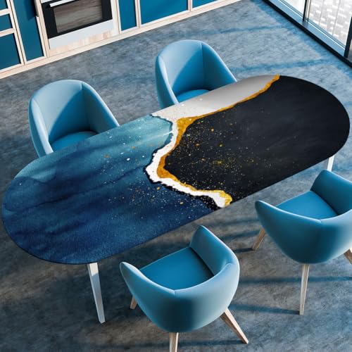 Treer Tischdecke Oval mit Elastischem Rand,Fleckschutz Ovale Tischdecke, Einfacher Druck Tischdecke Abwaschbar Oval,Lotuseffekt Tischdecke für Küche, Esszimmer,Picknick (107x183cm,Blau-schwarz) von Treer