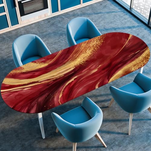 Treer Tischdecke Oval mit Elastischem Rand,Fleckschutz Ovale Tischdecke, Exquisiter Marmordruck Tischdecke Abwaschbar Oval,Lotuseffekt Tischdecke für Küche, Esszimmer,Picknick (114x142cm,Rot) von Treer