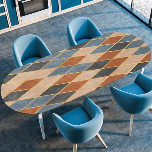 Treer Tischdecke Oval mit Elastischem Rand,Fleckschutz Ovale Tischdecke, Geometrischer Druck Tischdecke Abwaschbar Oval,Lotuseffekt Tischdecke für Küche, Esszimmer,Picknick (114x142cm,Braun) von Treer