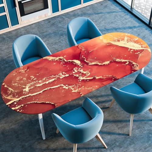 Treer Tischdecke Oval mit Elastischem Rand,Fleckschutz Ovale Tischdecke, Marmordruck Tischdecke Abwaschbar Oval,Lotuseffekt Tischdecke für Küche, Esszimmer,Picknick (107x165cm,Orange) von Treer