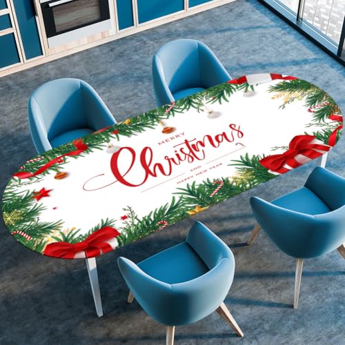 Treer Tischdecke Oval mit Elastischem Rand,Fleckschutz Ovale Tischdecke,Thema Weihnachten Tischdecke Abwaschbar Oval,Lotuseffekt Tischdecke für Küche, Esszimmer,Picknick (132x274cm,Grünes Blatt) von Treer