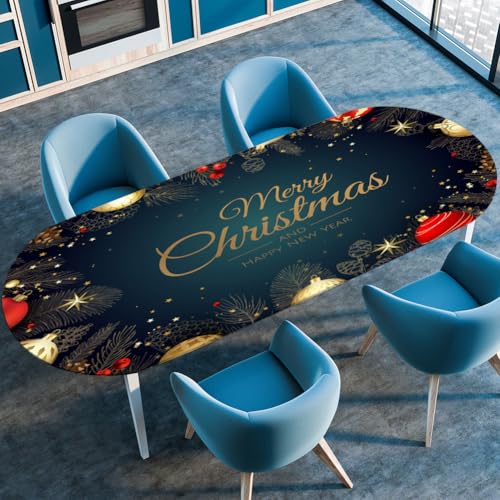 Treer Tischdecke Oval mit Elastischem Rand,Fleckschutz Ovale Tischdecke,Thema Weihnachten Tischdecke Abwaschbar Oval,Lotuseffekt Tischdecke für Küche, Esszimmer,Picknick (91x152cm,Weihnachtskugeln) von Treer