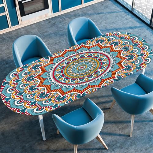 Treer Tischdecke Oval mit Elastischem Rand Rotes Mandala, Fleckschutz Ovale Tischdecke, Tischdecke Abwaschbar Oval Lotuseffekt für Küche, Esszimmer, Picknick, Party (Rot 1,52"x120") von Treer