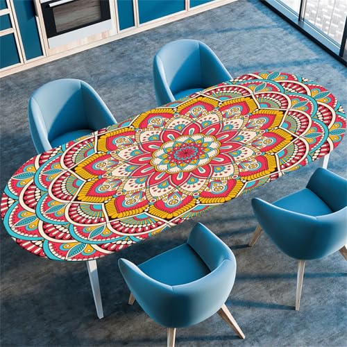 Treer Tischdecke Oval mit Elastischem Rand Rotes Mandala, Fleckschutz Ovale Tischdecke, Tischdecke Abwaschbar Oval Lotuseffekt für Küche, Esszimmer, Picknick, Party (Rot 5,42"x65") von Treer