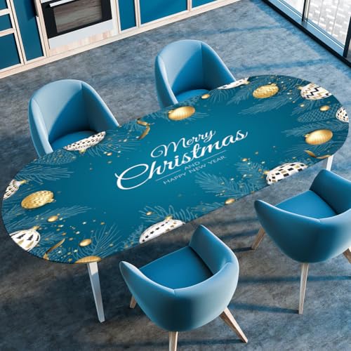 Treer Weihnachtsdruck Tischdecke Oval mit Elastischem Rand, Fleckschutz Ovale Tischdecke, Tischdecke Abwaschbar Oval, Lotuseffekt Tischdecke für Esszimmer, Küche, Picknick (114x142cm,Blau 2) von Treer