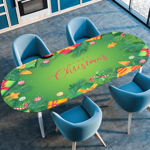 Treer Weihnachtsdruck Tischdecke Oval mit Elastischem Rand, Fleckschutz Ovale Tischdecke, Tischdecke Abwaschbar Oval, Lotuseffekt Tischdecke für Esszimmer, Küche, Picknick (132x274cm,Grün 2) von Treer