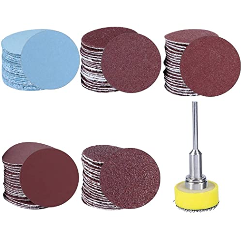 Treki 100 Stück 25mm Schleifscheiben Pad Kit mit Schleifteller 3mm Schaft Mini Schleifpapier Klett Set 100/180/240/1500/3000er Körnung, Schleifblüten Schleifpads für Bohrmaschine Polieren Holz Metall von Treki