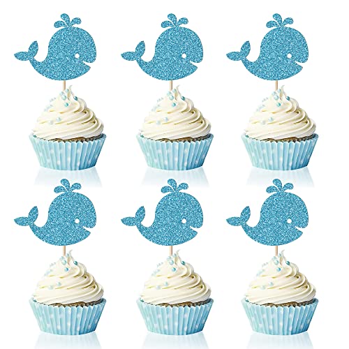 Trelsan 24 Stück Wal Cupcake Topper – Blauer Glitzer Babyparty – Geburtstagsparty Meeresleben Thema Kuchendekoration von Trelsan