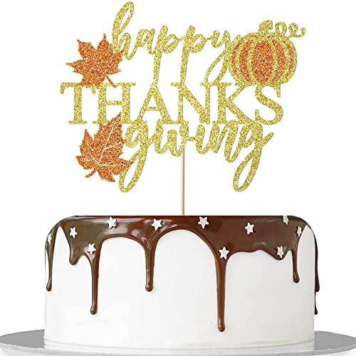 Trelsan Thanksgiving Cake Topper Happy Thanksgiving Cake Topper Gold Glitzer Kürbis Ahorn Thanksgiving Cake Topper von Trelsan