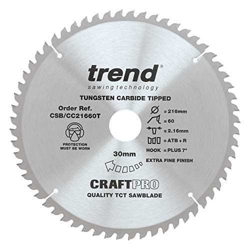 Trend Holz Akku-ATBR Kappsägeblatt, 216mm Durchmesser, 30mm Bohrung, 60 Zähne, HW, 2,16mm Schnittbreite, +7° Haken, CSB/CC21660T von TREND