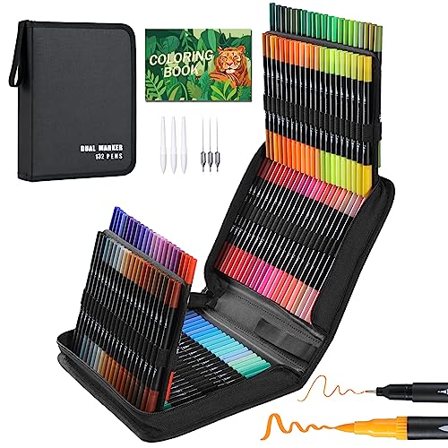 TrendGate Dual Brush Pen Set, 144 Farben Fineliner und Pinselstifte Set, Doppel Filzstifte Dicke und Dünne mit Malbücher für Handlettering, Bullet Journal, Mandalas Stifte für Kinder und Erwachsene von TrendGate