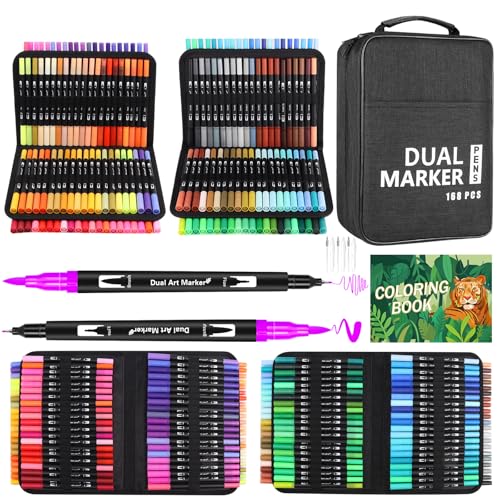 TrendGate Dual Brush Pen Set, 168 Farben Fineliner und Pinselstifte Set, Doppel Filzstifte Dicke und Dünne mit Malbücher für Handlettering, Bullet Journal, Mandalas Stifte für Kinder und Erwachsene von TrendGate