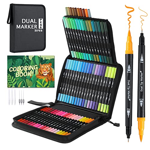 TrendGate Dual Brush Pen Set, 72 Farben Fineliner und Pinselstifte Set, Doppel Filzstifte Dicke und Dünne mit Malbücher für Handlettering, Bullet Journal, Mandalas Stifte für Kinder und Erwachsene von TrendGate