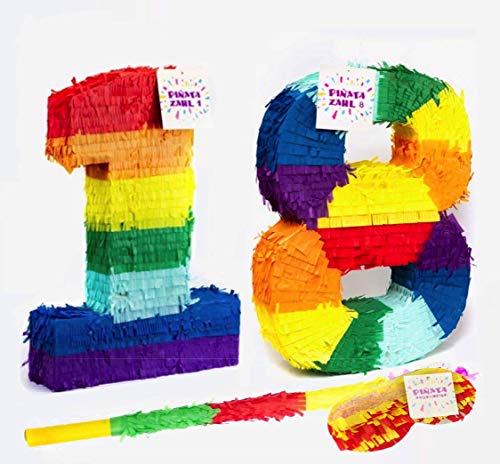 Trendario Pinata Zahl 18 Set - Mehrfarbig - ungefüllt - Ideal zum Befüllen mit Süßigkeiten und Geschenken - Piñata für Geburtstag Spiel, Geschenkidee, Party, Feier, Überraschung Stab Maske von Trendario