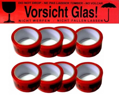 Trendsky 6 x Rollen 66 Meter Rot Vorsicht Glas Hinweis Packband Paketband Klebeband Paketbänder Film Band von Trendsky