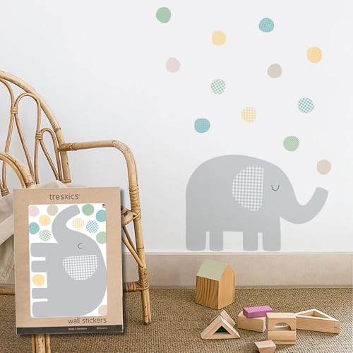 TRESXICS Dekorative Wandsticker für Kinder, Elefant, Punkte, 12 Stück + Elefant, Vinyl, originell und langlebig, Tapeteneffekt für Kinder, einfach anzubringen und abnehmbar von Tresxics