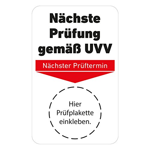 500 Stück Grundplakette "Nächste Prüfung gemäß UVV" - 70 x 40 mm, selbstklebende Vinylfolie, passend für 20mm und 30mm Prüfplaketten, inklusive 2 gratis Lochzangen (3mm Rundloch, Kerbzange) von Treuekarten