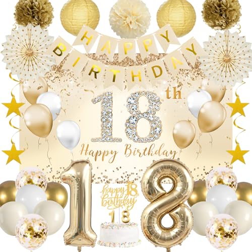 Trgowaul 18. Geburtstag Dekorationen für Mädchen, 32pcs Champagnergold Happy Birthday Party Supplies Hintergrund hängende Wirbel Flagge Tissue Pom Poms Fan Geburtstag Luftballons 18 Jahre alt von Trgowaul