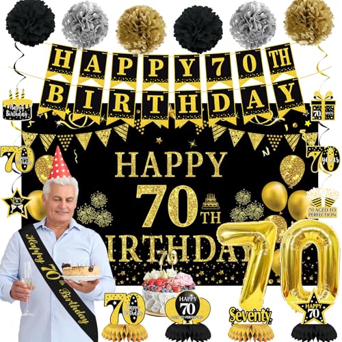 Trgowaul 70. Geburtstag Dekorationen für Männer Frauen, 22pcs Schwarz Gold Geburtstag Party Supplies Banner Hängende Wirbel Flagge 70. Geburtstag Schärpe & Pompons Geburtstag Luftballons 70 Jahre alt von Trgowaul