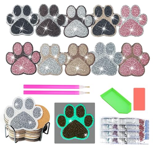 10 Stücke Diamond Painting Untersetzer mit Halter, Diamond Art Coasters, Glow in The Dark Coasters, Diamond Kits for Adults Beginners(Paw) von Trhillsbrad