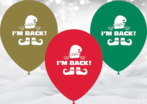 Elf "I'm Back" Latexballons, 12 Stück, rot, gold & grün, Latexballon - Geeignet für Helium, Weihnachtsfeierdekorationen von Tri Products