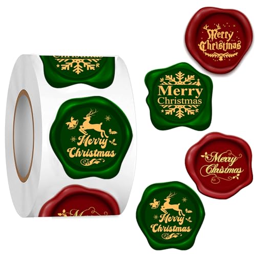 Aufkleber Weihnachten 500 Stück Merry Christmas Stickers Rolle 1.5" Selbstklebende Weihnachtsaufkleber für Basteln, Scrapbooking, Kartenherstellung, Weihnachtsumschlagsiegel von TriEco