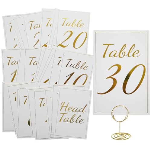 Tischnummern Karten mit Halter Gold Tischnummern 1-30 mit Kopftisch Tischkarten für Hochzeiten Geburtstag Party 4 x 6 Zoll Doppelseitige Sitzkarten mit Gold Halter von TriEco