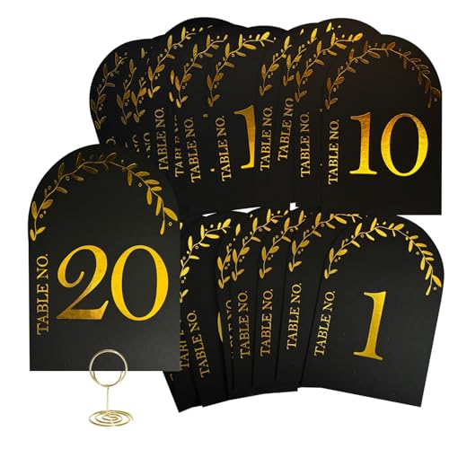 Tischnummern für Hochzeiten 1-20 Schwarz Gold Tischnummernkarten mit Haltern Doppelseitige Tischplatzkarte 4x6" mit Haupttischkarte für Hochzeiten Restaurant Geburtstag von TriEco