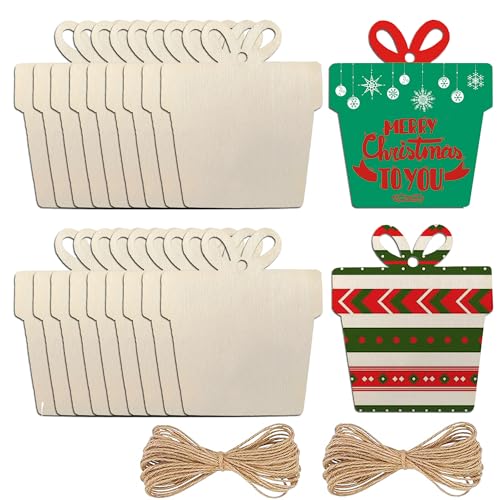 Holz-Weihnachtsschmuck, 20 Stück, unlackierte Mini-Geschenkbox, Bastelrohlinge, Großpackung zum Bemalen für Weihnachtsbaum-Hängedekorationen, Heimdekoration, personalisiertes Bastelzubehör, Kordeln im von Triizein