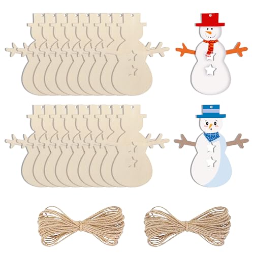 Holz-Weihnachtsschmuck, 20 Stück, unlackiertes Holz, Schneemann-Bastelrohlinge, Großpackung zum Bemalen für Weihnachtsbaum-Hängedekorationen, Heimdekoration, personalisiertes Bastelzubehör, Seil im von Triizein