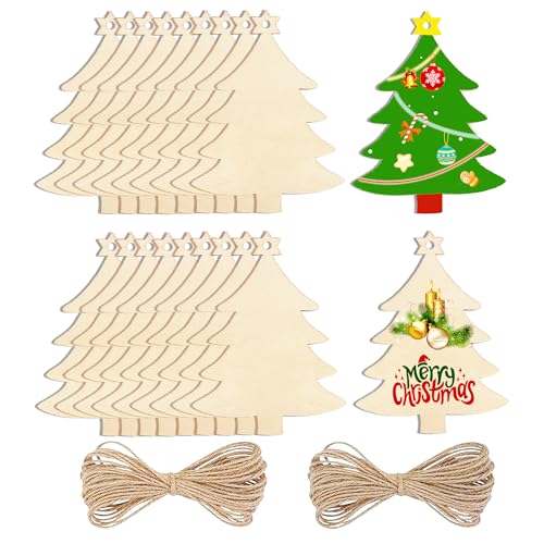 Holz-Weihnachtsschmuck, 20 Stück, unlackiertes Holz, Weihnachtsbaum-Rohlinge, Großpackung zum Bemalen für Weihnachtsbaum-Hängedekorationen, Heimdekoration, personalisiertes Bastelzubehör, Seil im von Triizein