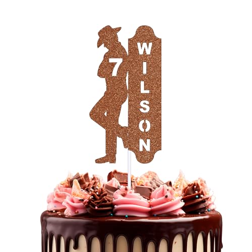 1 x Cowboy-Glitzer-Kuchenaufsatz, personalisierbar, für Jungen, Geburtstagsdekoration, beliebiger Name und Alter, Geburtstagsparty, Kuchenaufsatz, Cowboy-Thema, Geburtstagsaufsatz (braun) von Trimming Shop