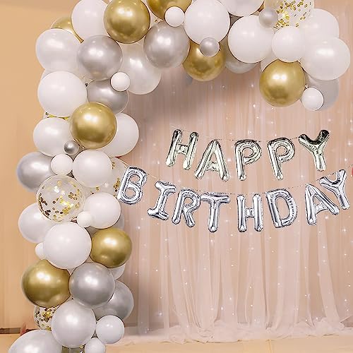 Trimming Shop 163-teiliges Ballongirlanden-Set, Konfetti-Ballonbogen-Set in Metallic-Gold, Silber, Weiß und Gold, Folienballon-Banner mit 13 Buchstaben „Happy Birthday“. von Trimming Shop