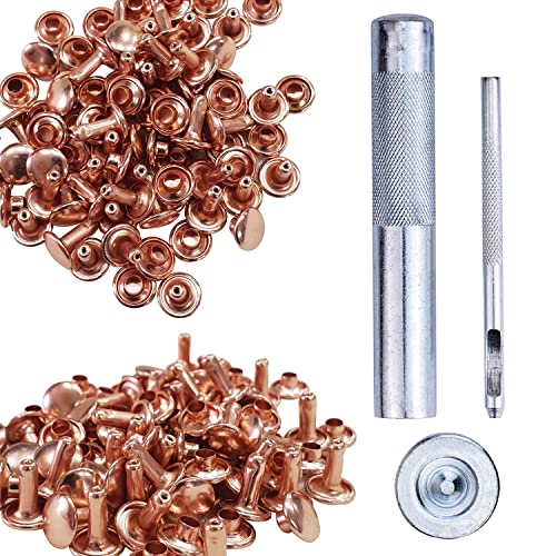 Trimming Shop 100 Set Doppel Kappe Tubular Nieten Mit Befestigung Werkzeug Kit, Leder 3 Teile Hand Werkzeugset für Reparatur Bekleidung, Handtasche, Lathercrafts - Roségold, 5mm von Trimming Shop