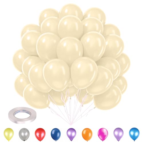 Trimming Shop 100 Stück 25,4 cm elfenbeinfarbene Partyballons mit 20 m weißem Ringelband – starke, dicke Heliumqualität Latex runde Ballons für Hochzeiten, Babypartys, Jubiläen, elegante Events von Trimming Shop