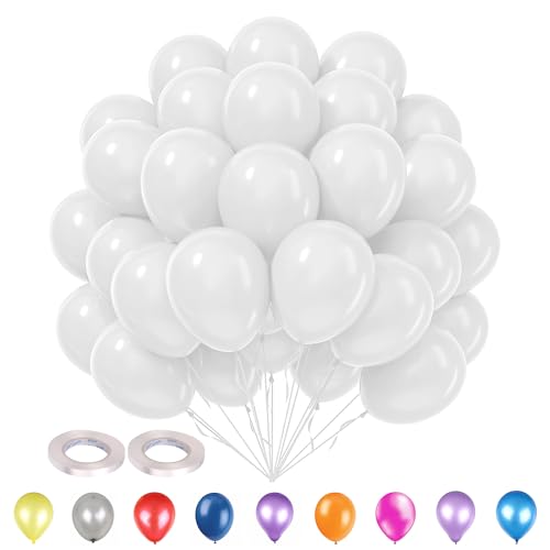 Trimming Shop 100 Stück 25,4 cm weiße Party-Luftballons mit 20 m weißem Ringelband, starke, dicke Heliumqualität, Latex-Luftballons für Hochzeiten, Jubiläen, Babypartys, Verlobungsdekorationen von Trimming Shop