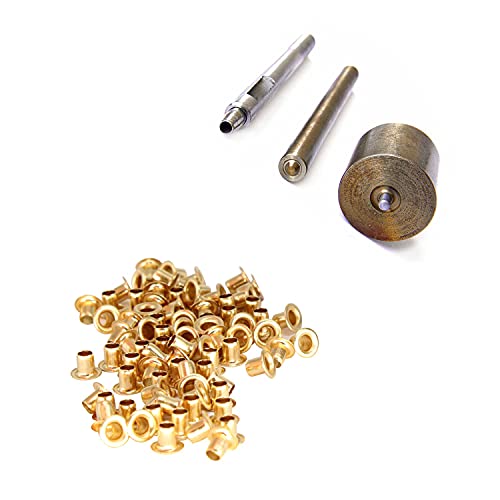 Trimming Shop 3er Set: Stanzen Set, Hohl Loch Stanze und 100 Stück von 2mm Ösen - Tülle Einstellwerkzeug Set für für Bekleidung, Lederhandwerk und Scrapbooking - Scheiben Nicht Enthalten - Gold von Trimming Shop