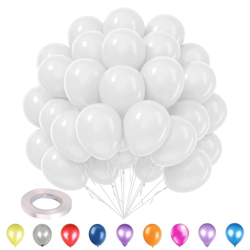 Trimming Shop 50 Stück 25,4 cm weiße Party-Luftballons mit 10 m weißem Ringelband, starke, dicke Heliumqualität, Latex-Luftballons für Hochzeiten, Jubiläen, Babypartys, Verlobungsdekorationen von Trimming Shop