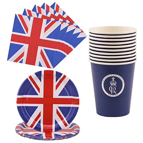 Trimming Shop 90-teiliges Partyzubehör-Set mit Union-Jack-Motiv für König Charles III, Krönungsparty-Dekorationen – 22,9 cm Teller, Tassen und Servietten für Grill, Pub, British Royal Street von Trimming Shop