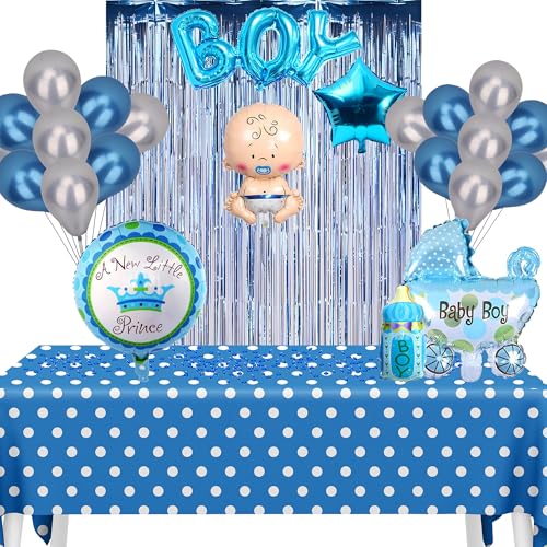 Trimming Shop Blaues Babyparty-Dekorationsset für Jungen - Enthält Luftballons, Folienkulissen, Tischdecke & mehr | Perfekt für Gender Reveal, Taufen, Baby Boy Celebrations von Trimming Shop