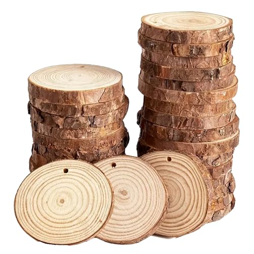 Trimming Shop Holzscheibe, 6–7 cm, 2 m Schnur, Holzscheiben mit Löchern, unlackierte natürliche Holzscheiben zum Basteln, Holzkreise mit Rinde für Hochzeitsdekorationen, Weihnachtsschmuck, 100 Stück von Trimming Shop