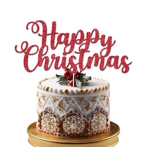 Trimming Shop Merry Christmas Cake Topper Double Sided Glitter Cake Decorations Dessert Picks Cake Ornament for Winter Frozen Themed Party Supplies, Red von Trimming Shop