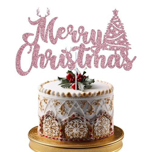 Trimming Shop Merry Christmas Cake Topper Xmas Christmas Party Cake Decorations Double Sided Glitter Dessert Picks Cake Ornament for Winter Frozen Themed Party Supplies, Baby Pink von Trimming Shop